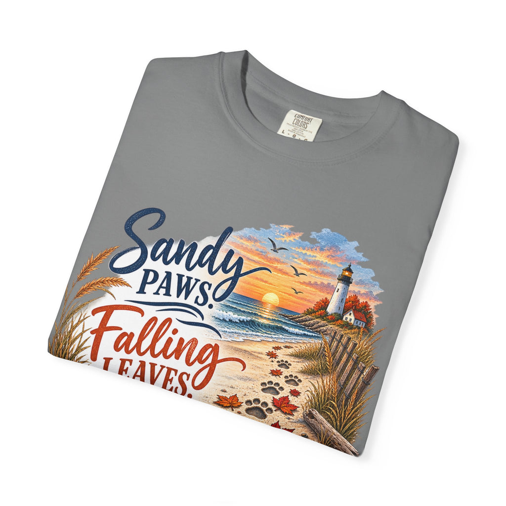 Sandy Paws Falling Leaves Beach T-Shirt — Autumn Coastal Dog Lover Tee
