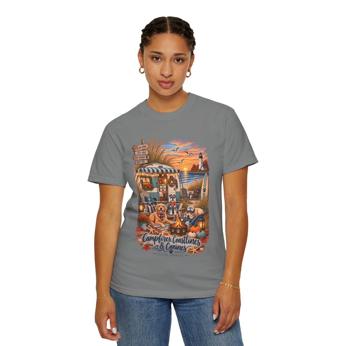 Campfires, Coastlines & Canines T-Shirt — Retro Camper Dog Camping Graphic Tee