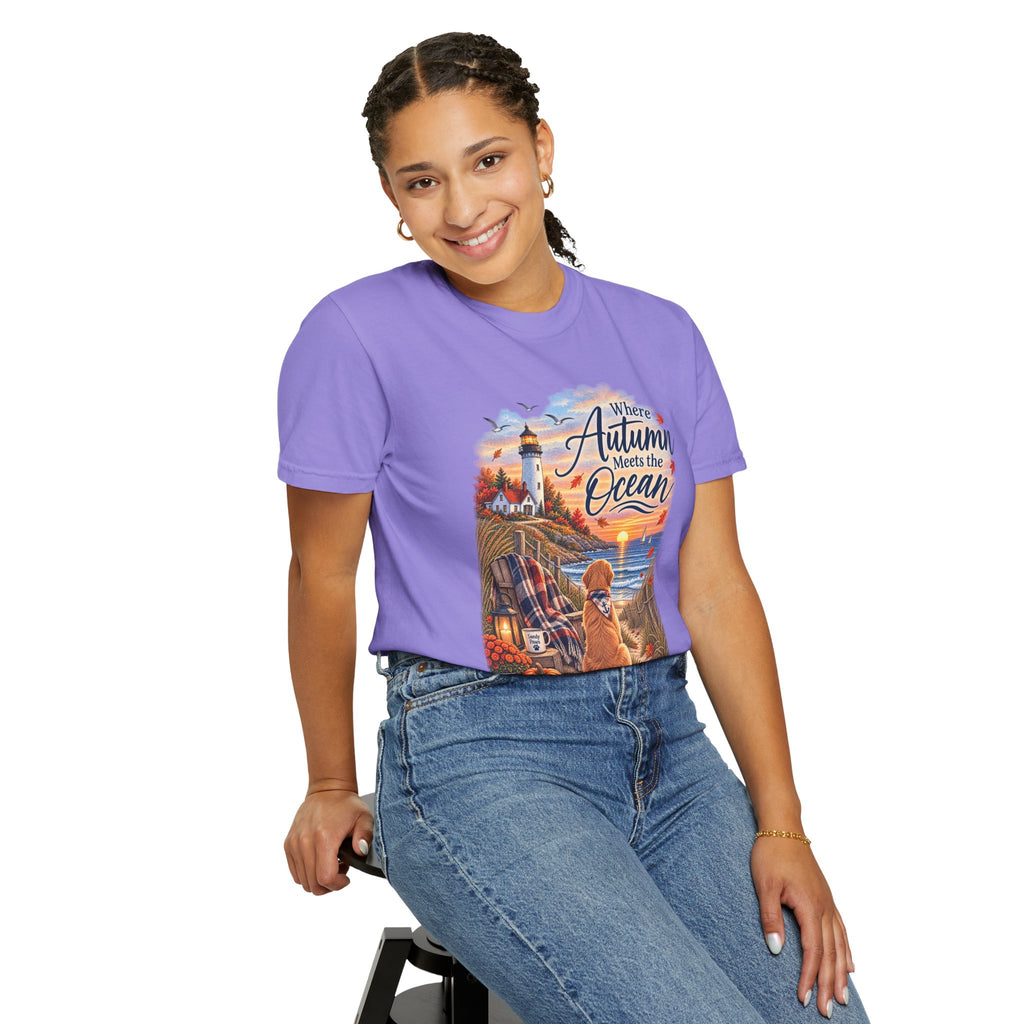 Autumn Meets the Ocean T-Shirt — Cozy Coastal Fall Tee with Golden Retriever