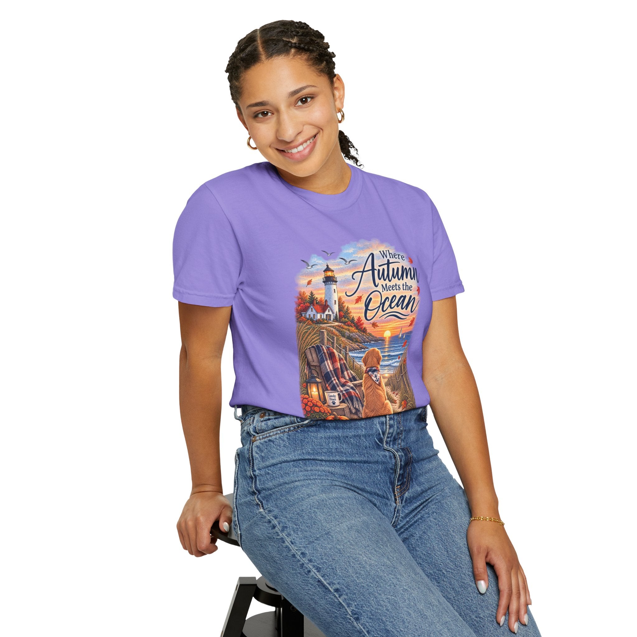 Autumn Meets the Ocean T-Shirt — Cozy Coastal Fall Tee with Golden Retriever