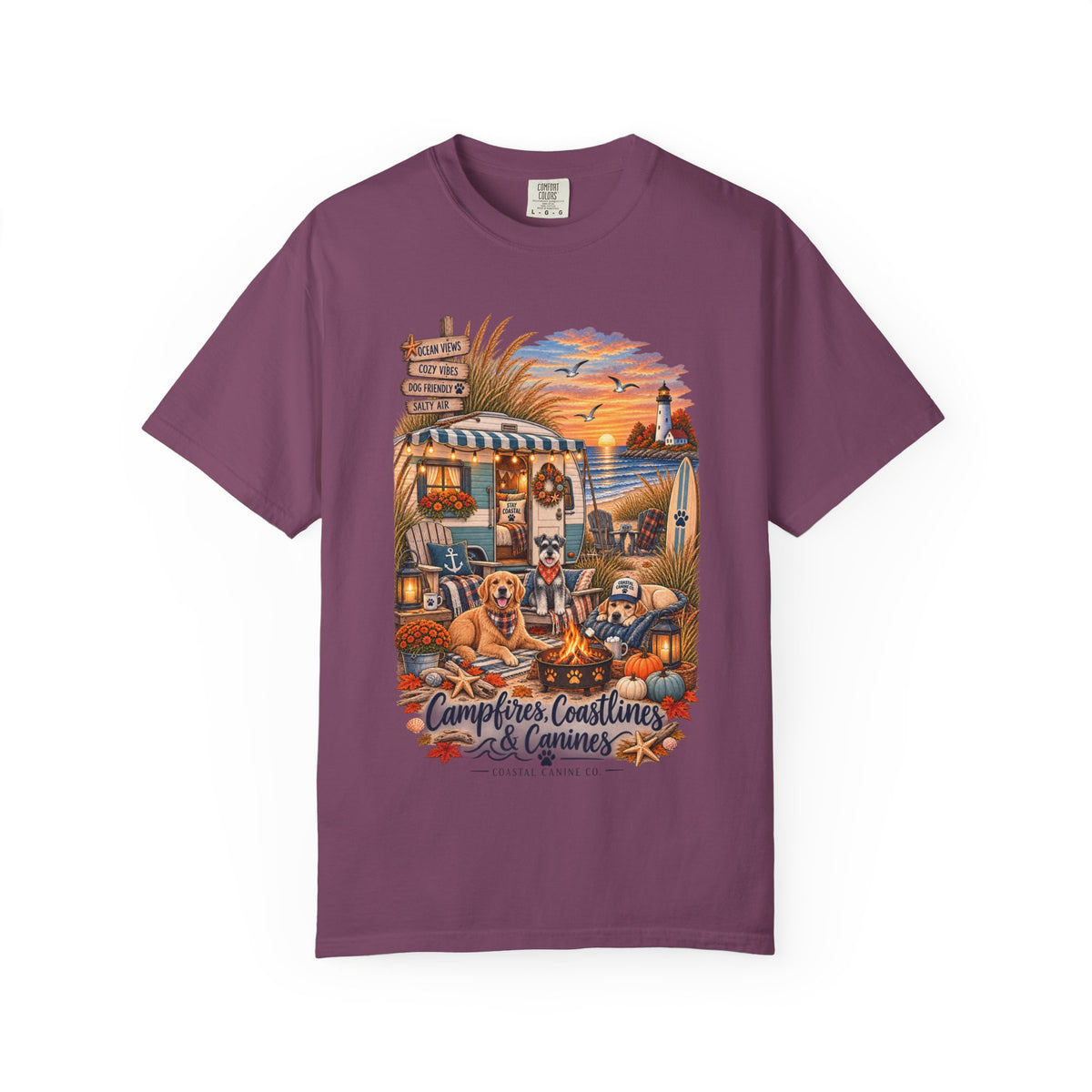 Campfires, Coastlines & Canines T-Shirt — Retro Camper Dog Camping Graphic Tee
