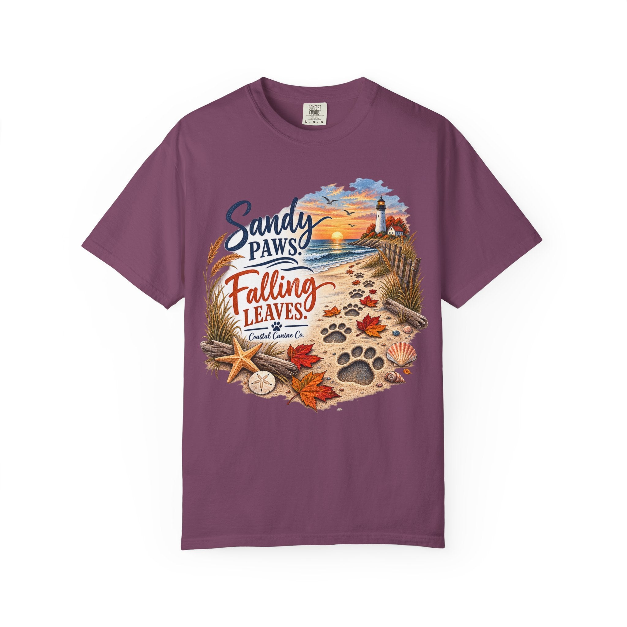Sandy Paws Falling Leaves Beach T-Shirt — Autumn Coastal Dog Lover Tee