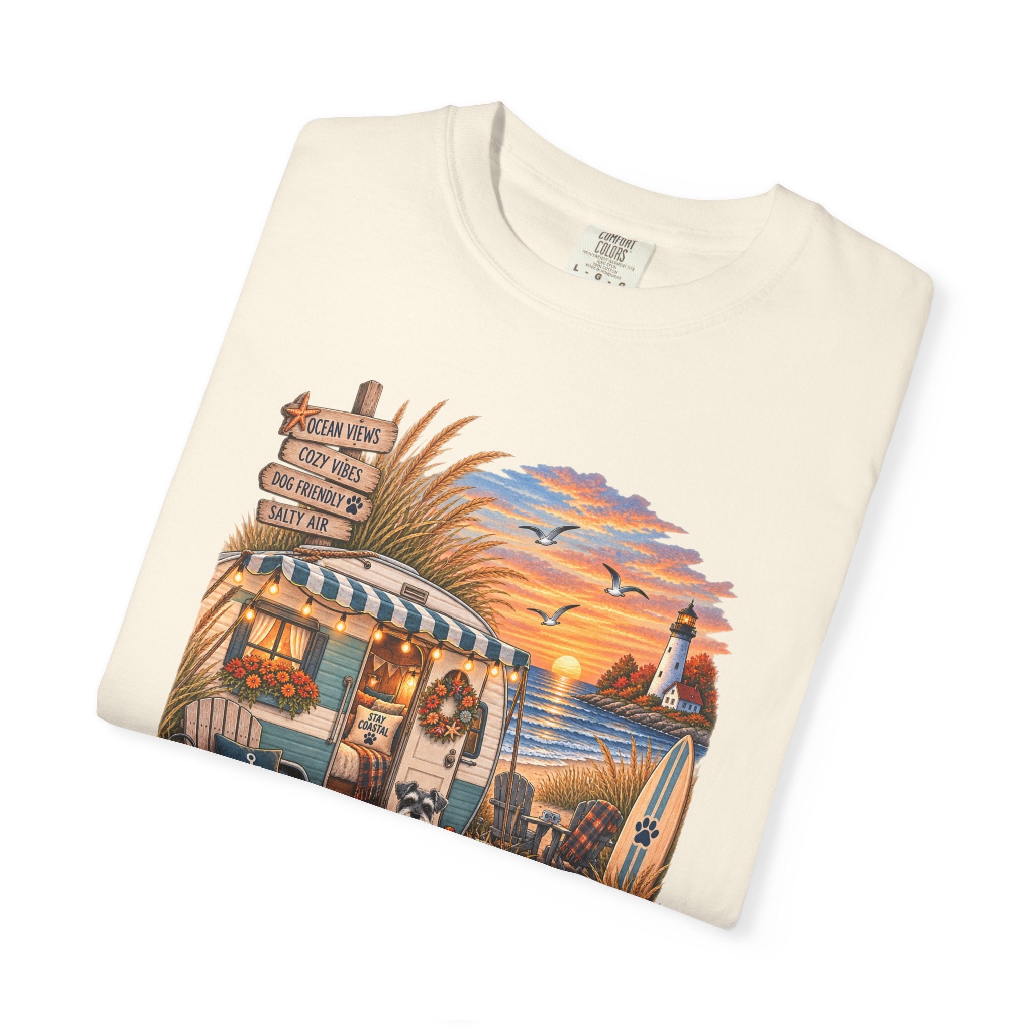 Campfires, Coastlines & Canines T-Shirt — Retro Camper Dog Camping Graphic Tee