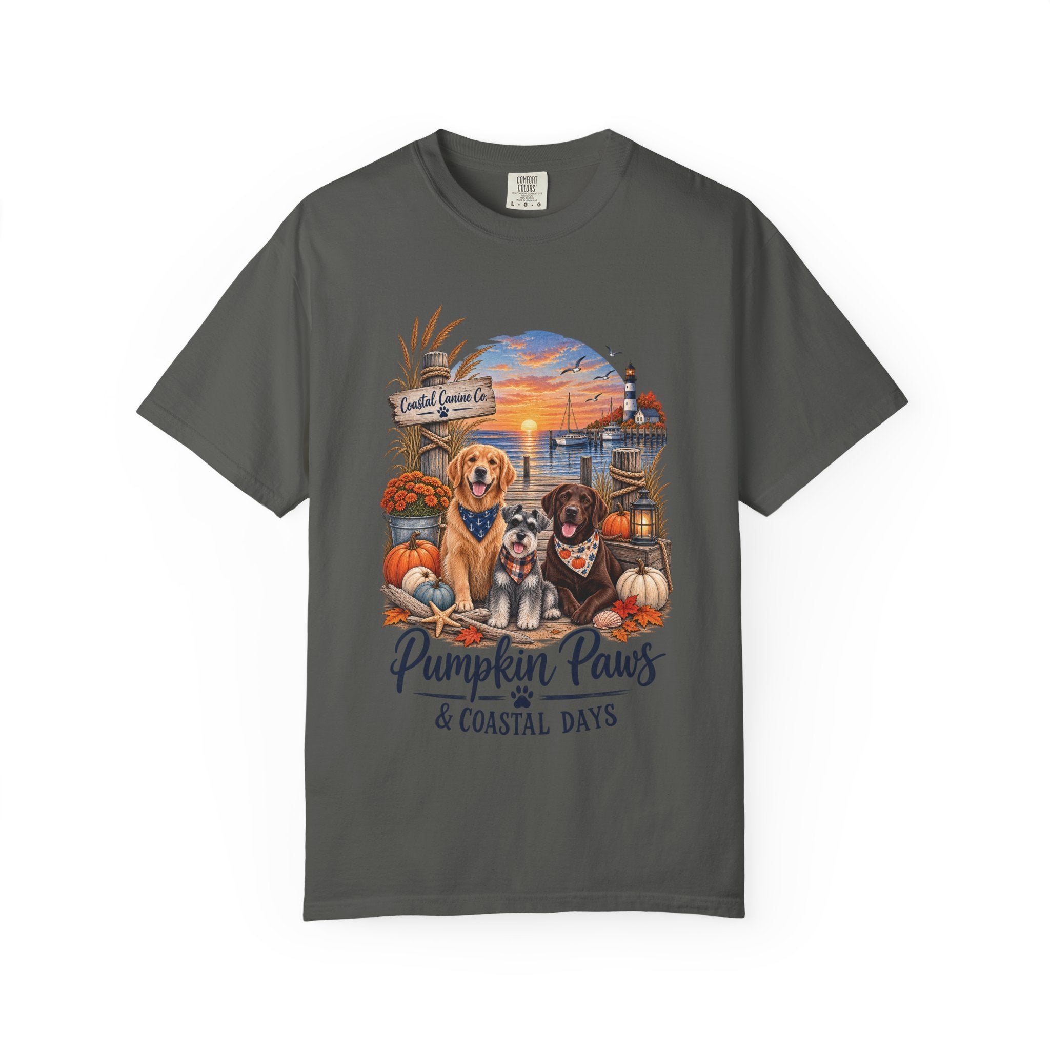 Pumpkin Paws & Coastal Days T-Shirt — Autumn Dogs by the Harbor