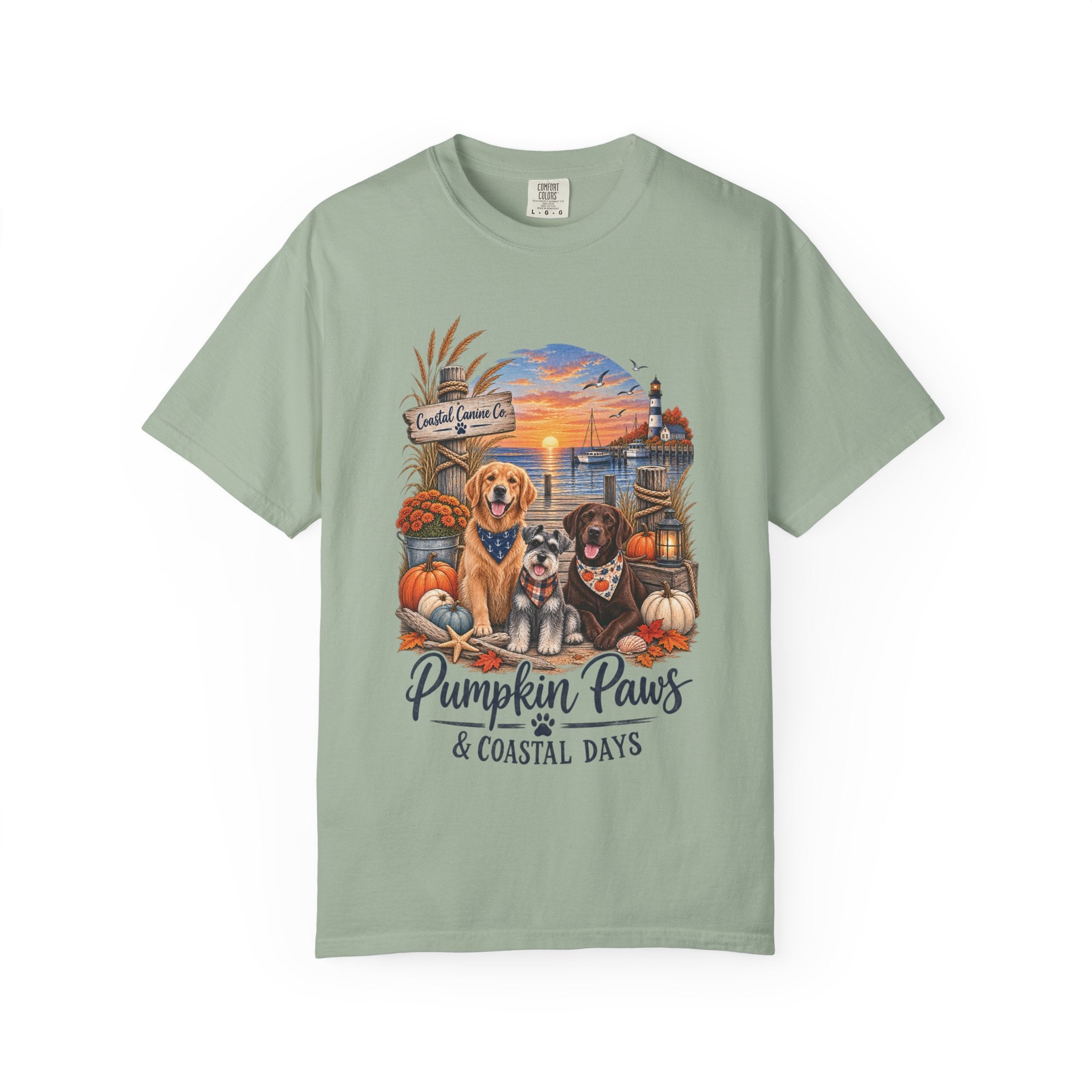 Pumpkin Paws & Coastal Days T-Shirt — Autumn Dogs by the Harbor