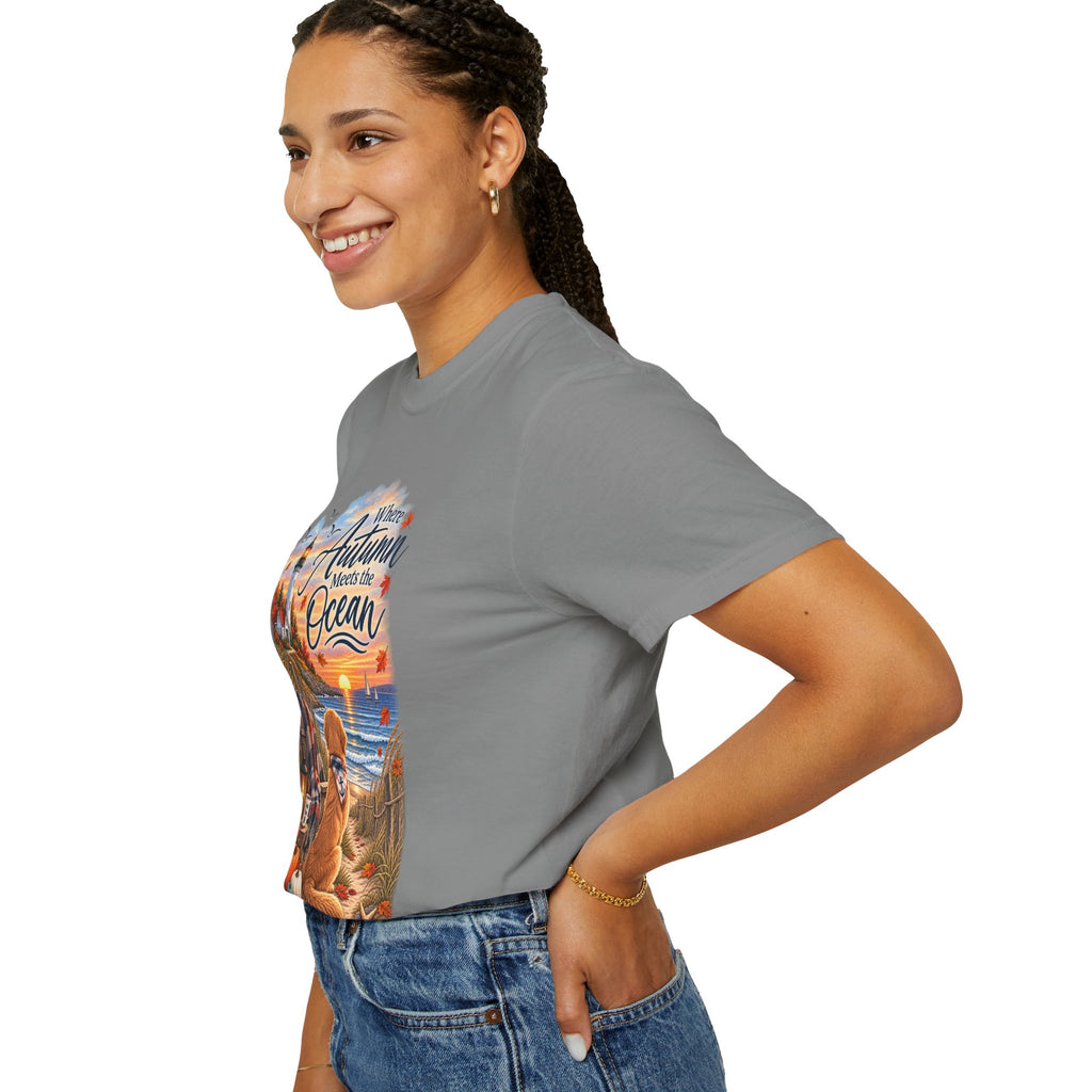 Autumn Meets the Ocean T-Shirt — Cozy Coastal Fall Tee with Golden Retriever