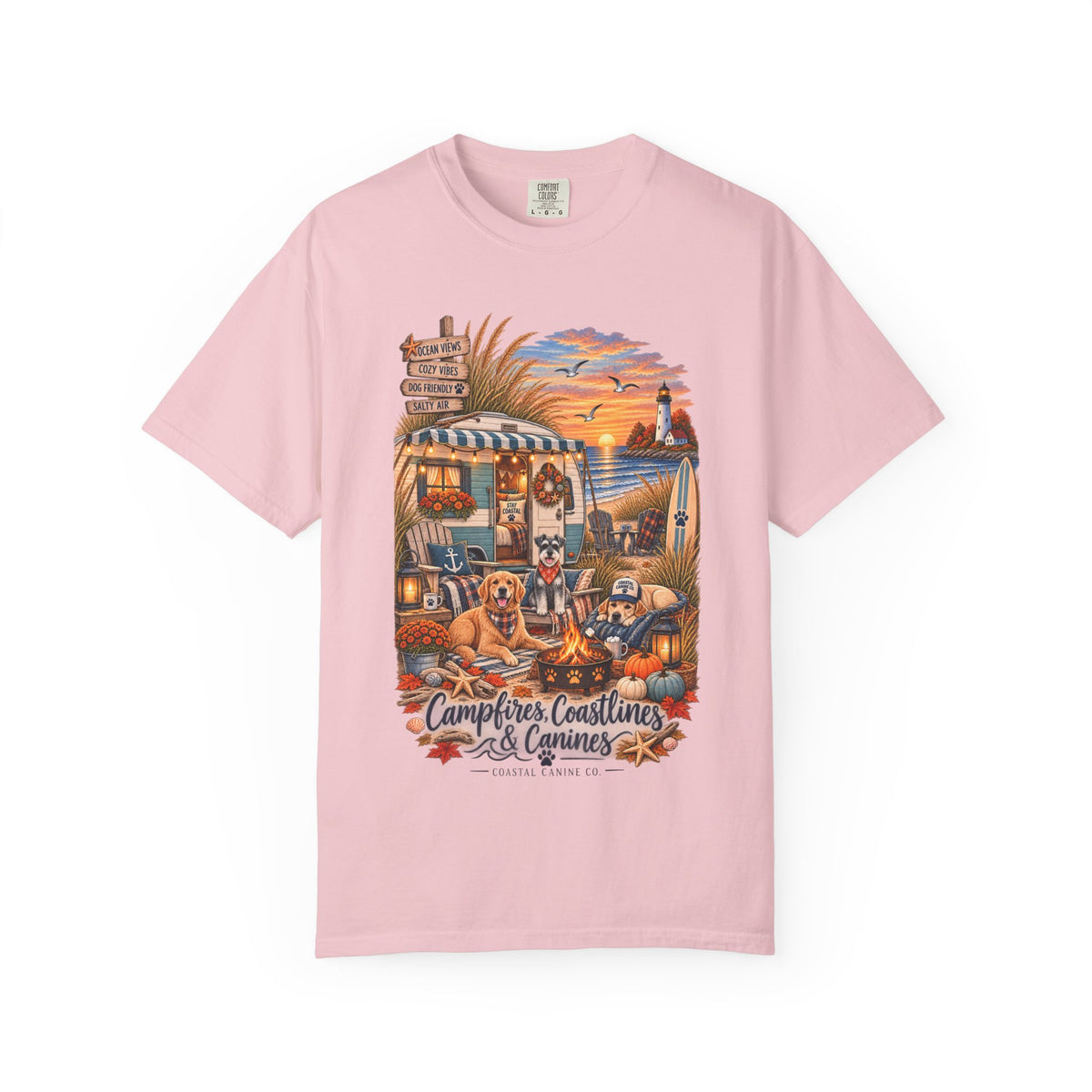 Campfires, Coastlines & Canines T-Shirt — Retro Camper Dog Camping Graphic Tee
