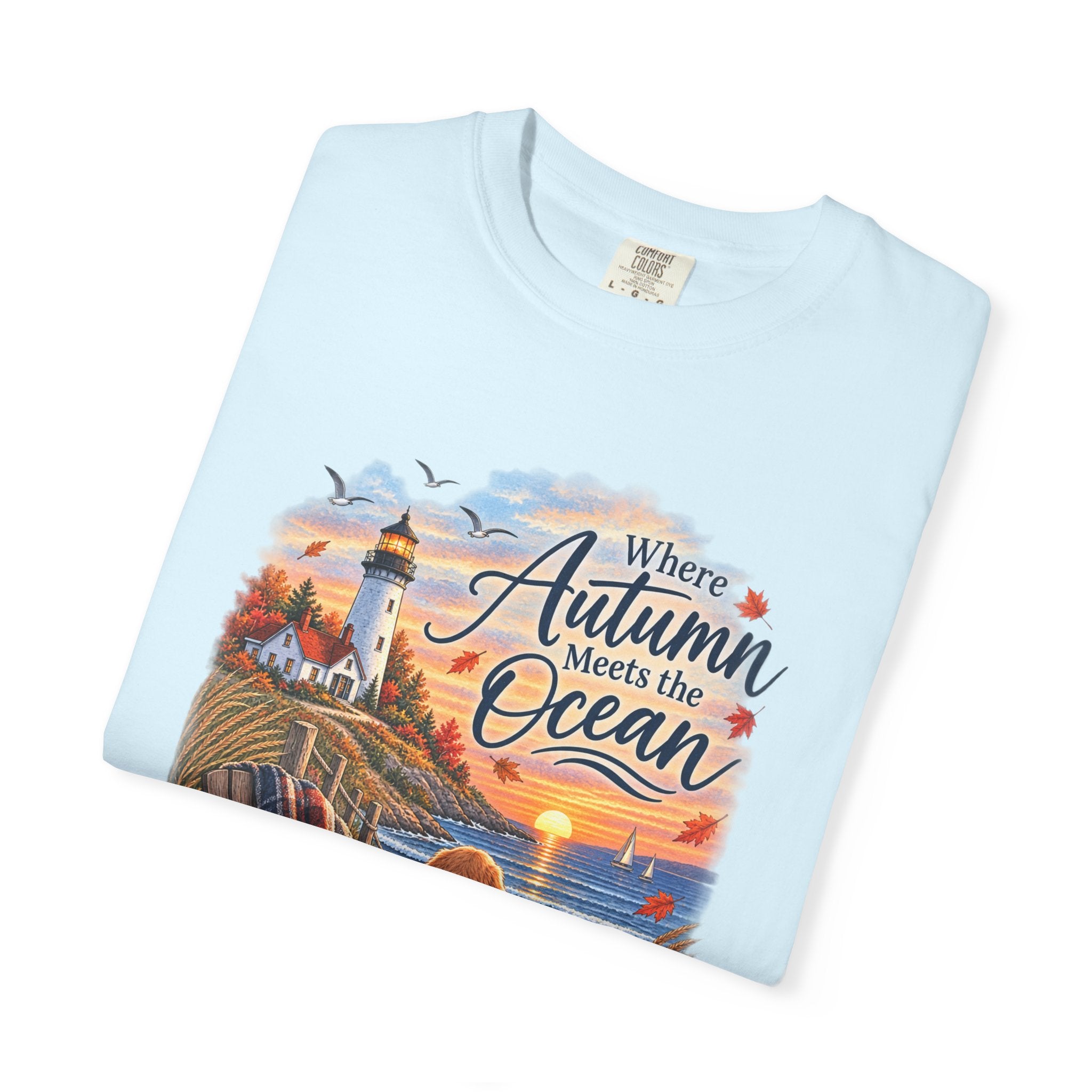 Autumn Meets the Ocean T-Shirt — Cozy Coastal Fall Tee with Golden Retriever