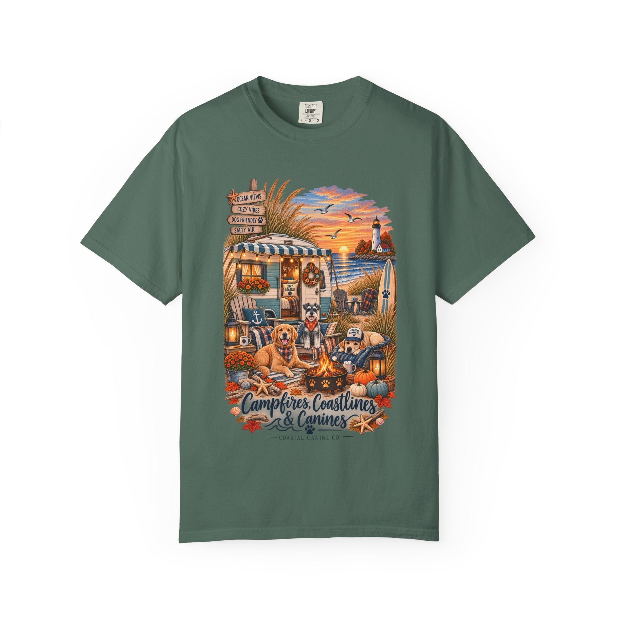 Campfires, Coastlines & Canines T-Shirt — Retro Camper Dog Camping Graphic Tee