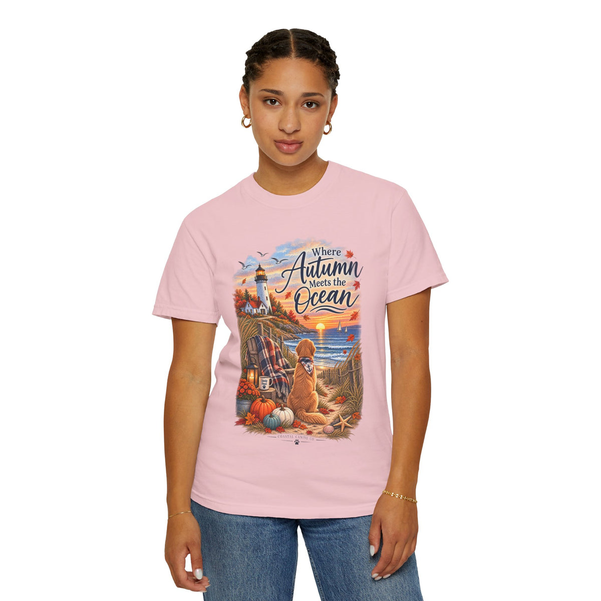 Autumn Meets the Ocean T-Shirt — Cozy Coastal Fall Tee with Golden Retriever