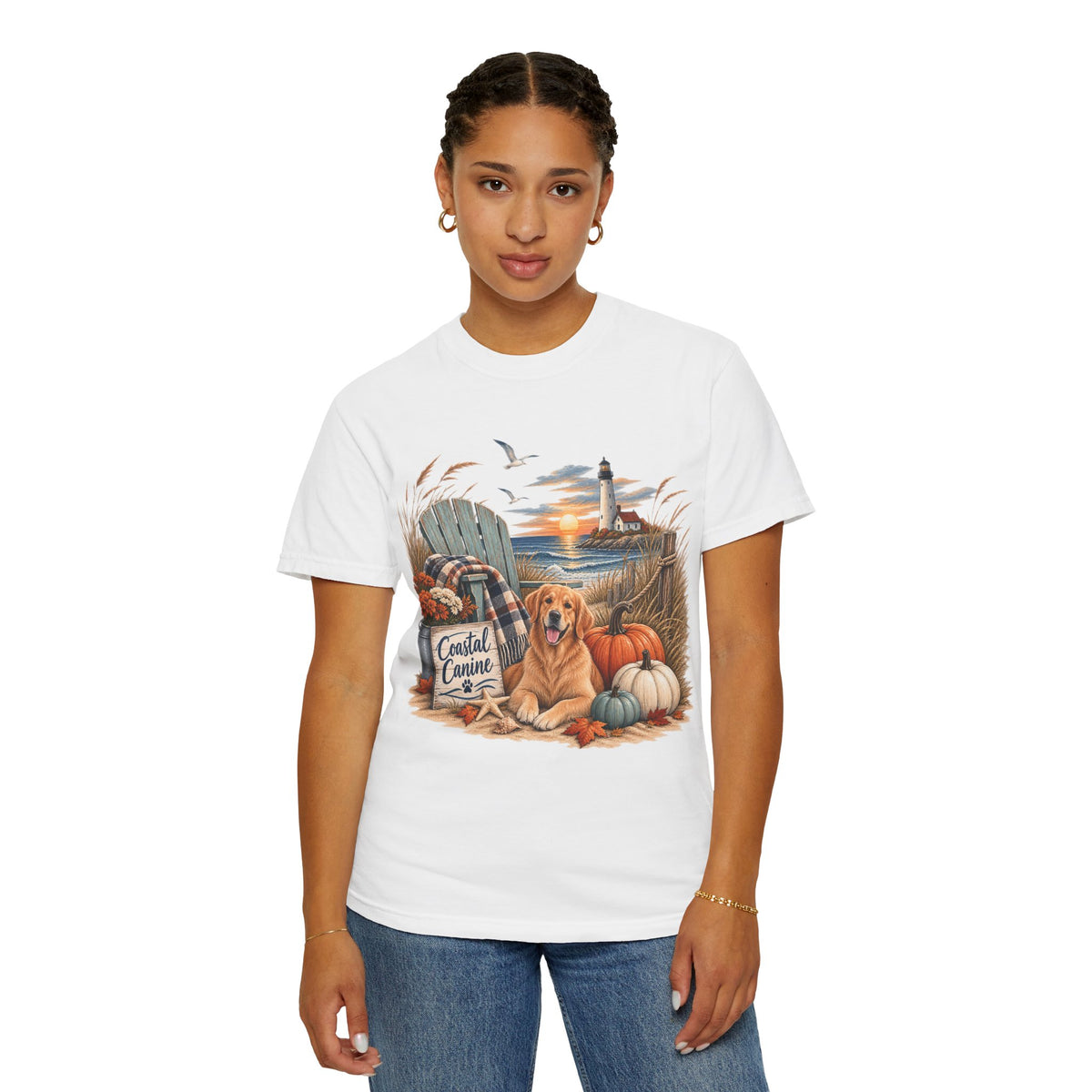 Coastal Canine Fall T-Shirt — Lighthouse, Labrador & Pumpkin Beach Tee