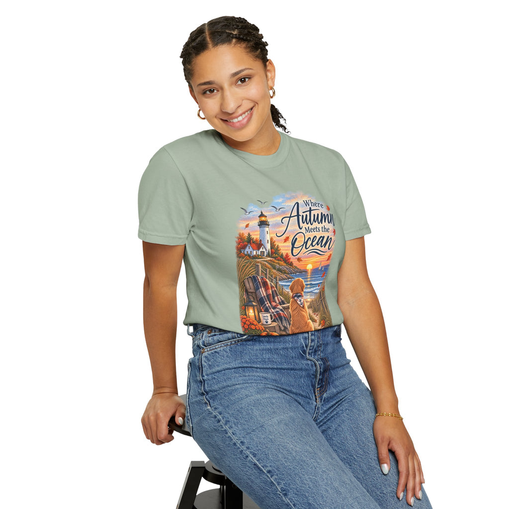 Autumn Meets the Ocean T-Shirt — Cozy Coastal Fall Tee with Golden Retriever