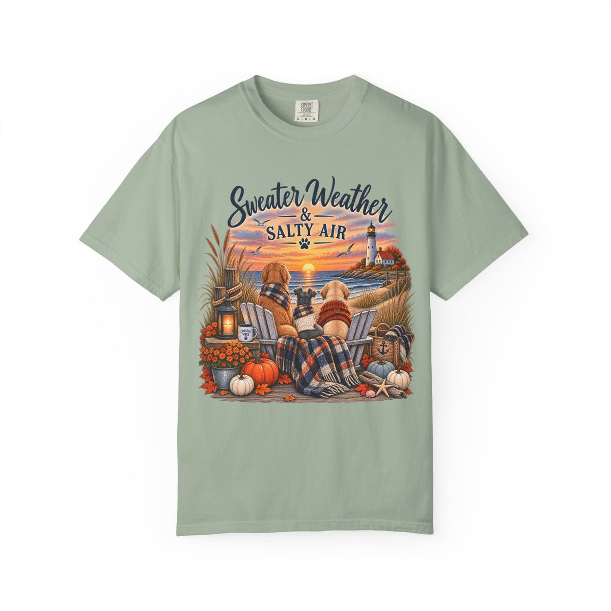 Sweater Weather & Salty Air T-Shirt — Autumn Beach Sunset Graphic Tee