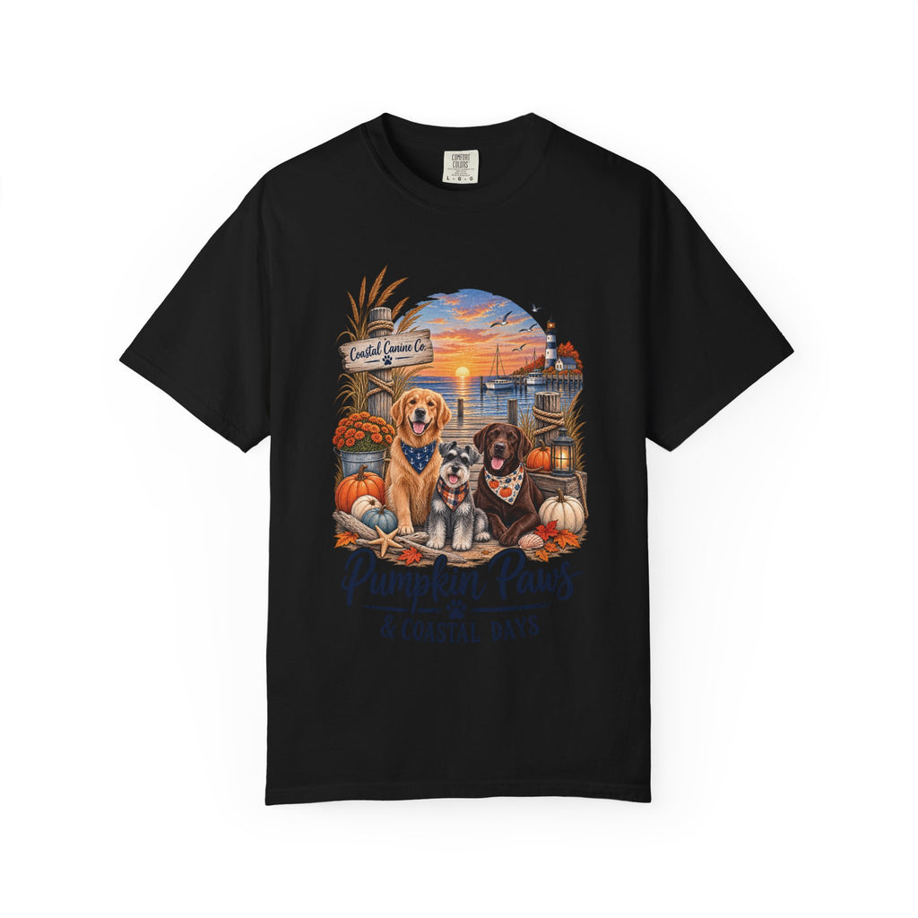 Pumpkin Paws & Coastal Days T-Shirt — Autumn Dogs by the Harbor