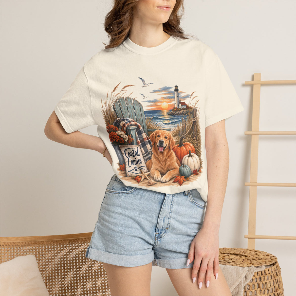 Coastal Canine Fall T-Shirt — Lighthouse, Labrador & Pumpkin Beach Tee