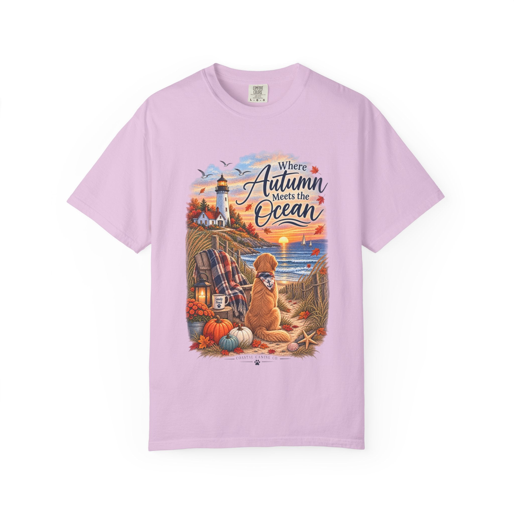 Autumn Meets the Ocean T-Shirt — Cozy Coastal Fall Tee with Golden Retriever