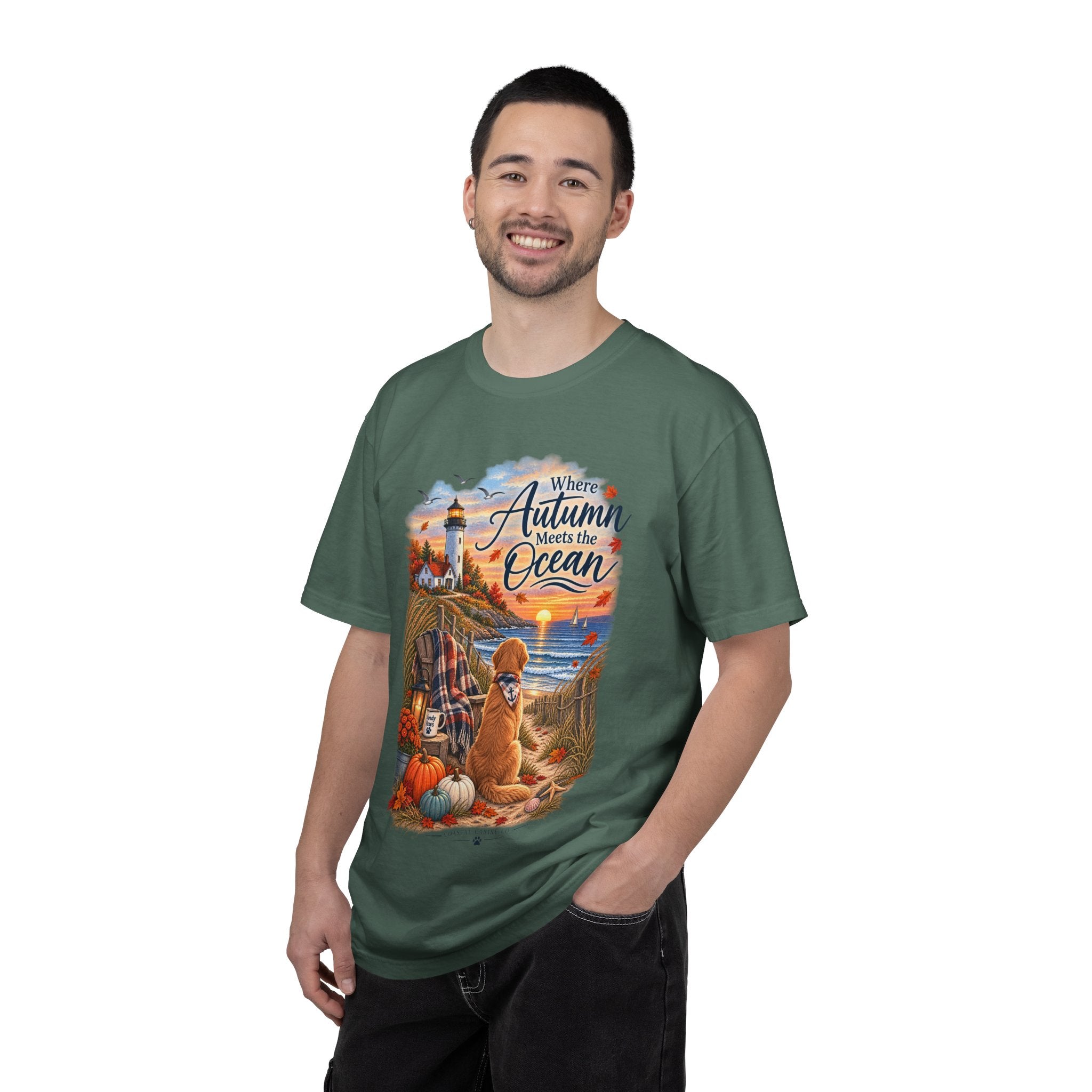 Autumn Meets the Ocean T-Shirt — Cozy Coastal Fall Tee with Golden Retriever