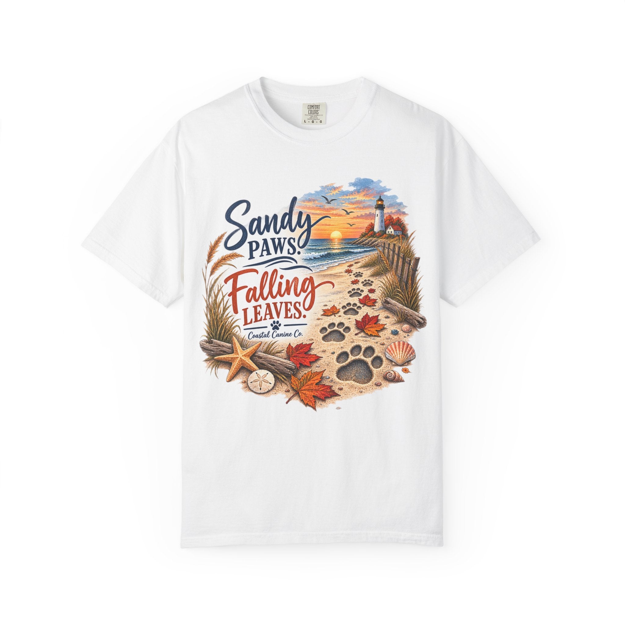 Sandy Paws Falling Leaves Beach T-Shirt — Autumn Coastal Dog Lover Tee