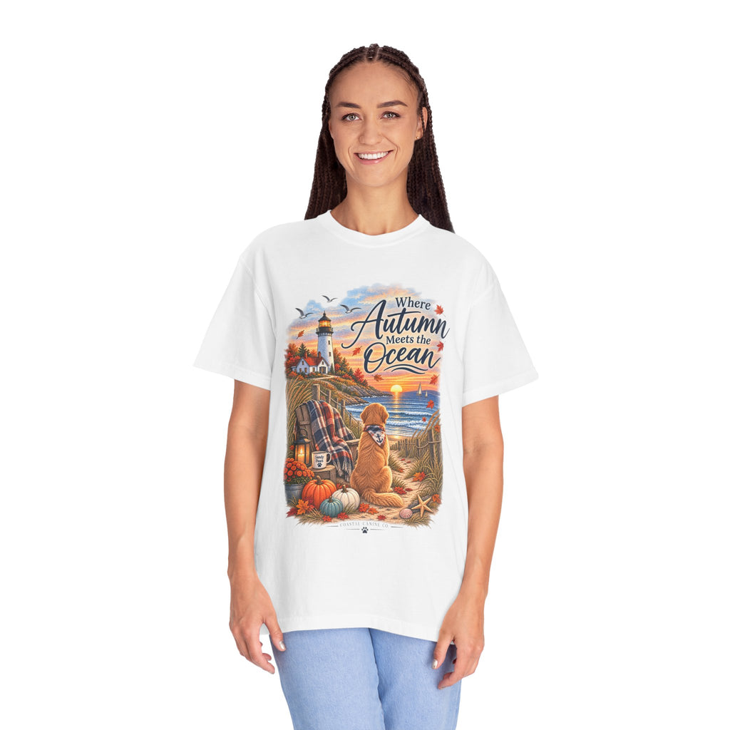 Autumn Meets the Ocean T-Shirt — Cozy Coastal Fall Tee with Golden Retriever