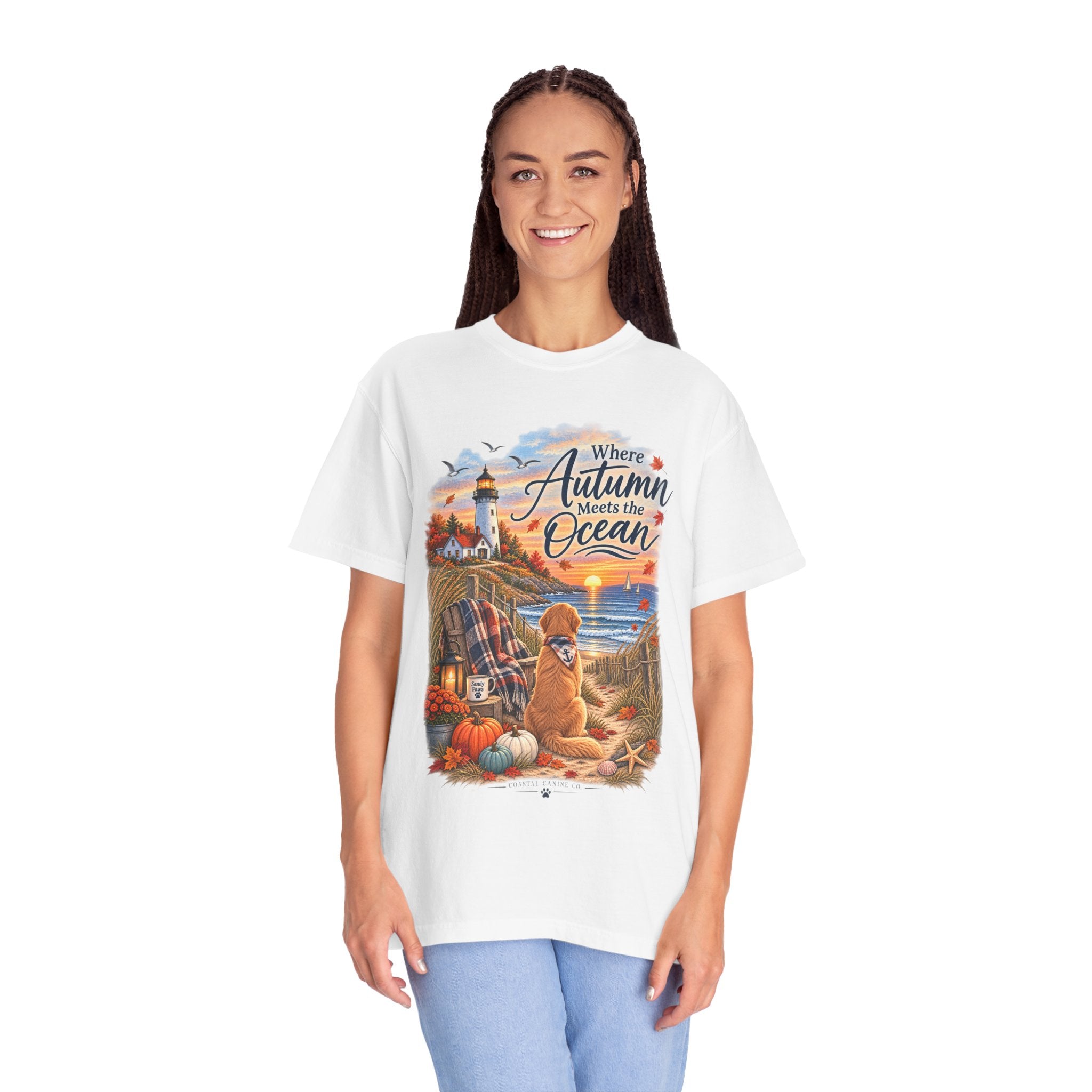 Autumn Meets the Ocean T-Shirt — Cozy Coastal Fall Tee with Golden Retriever
