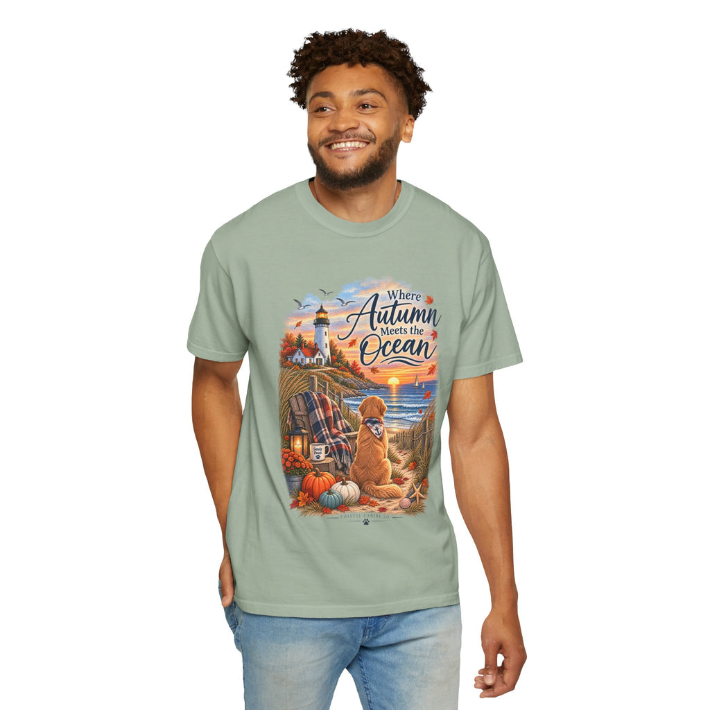 Autumn Meets the Ocean T-Shirt — Cozy Coastal Fall Tee with Golden Retriever