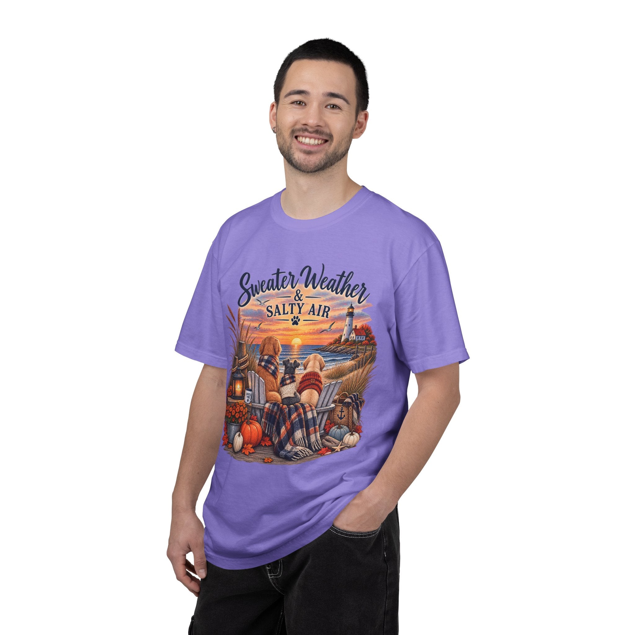Sweater Weather & Salty Air T-Shirt — Autumn Beach Sunset Graphic Tee
