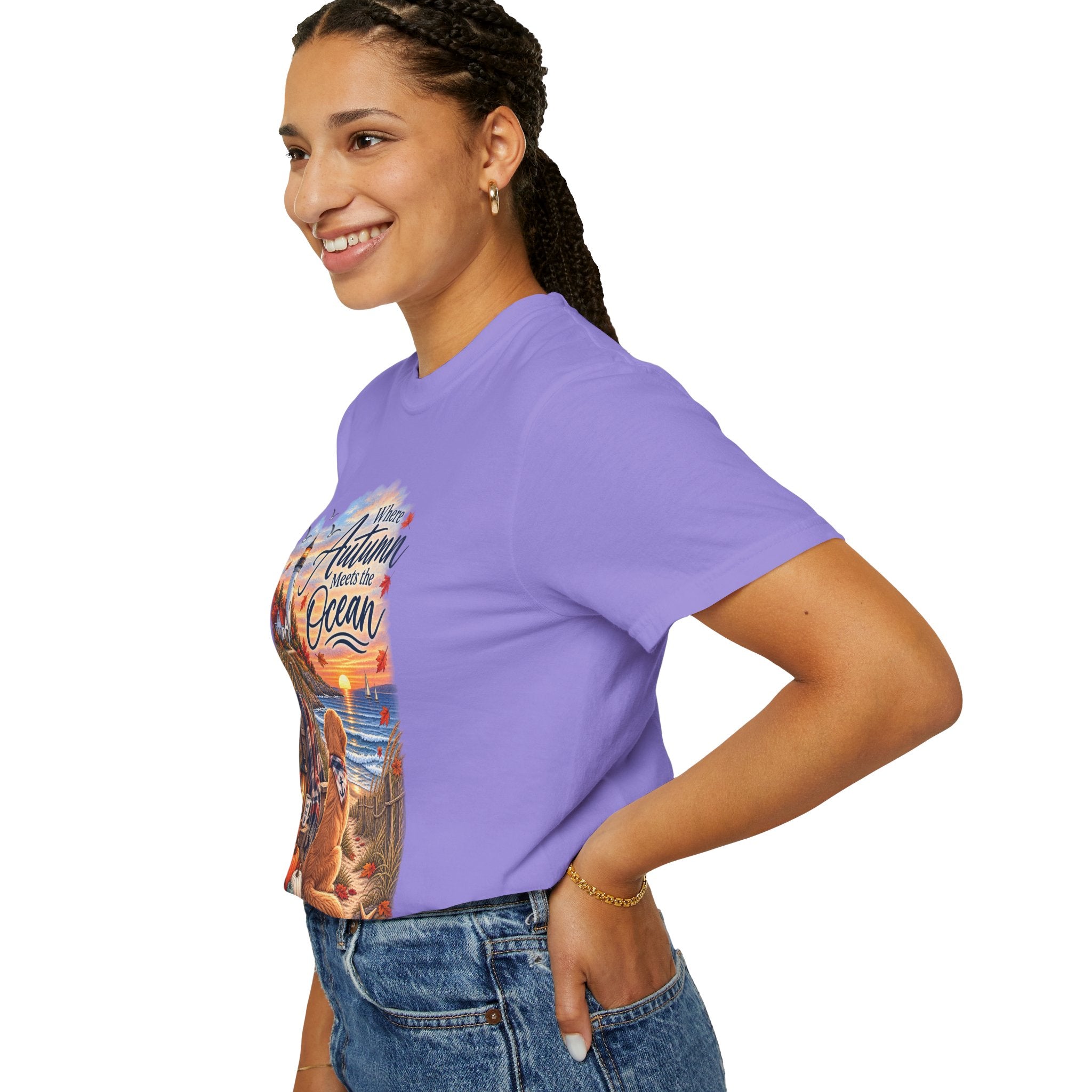 Autumn Meets the Ocean T-Shirt — Cozy Coastal Fall Tee with Golden Retriever