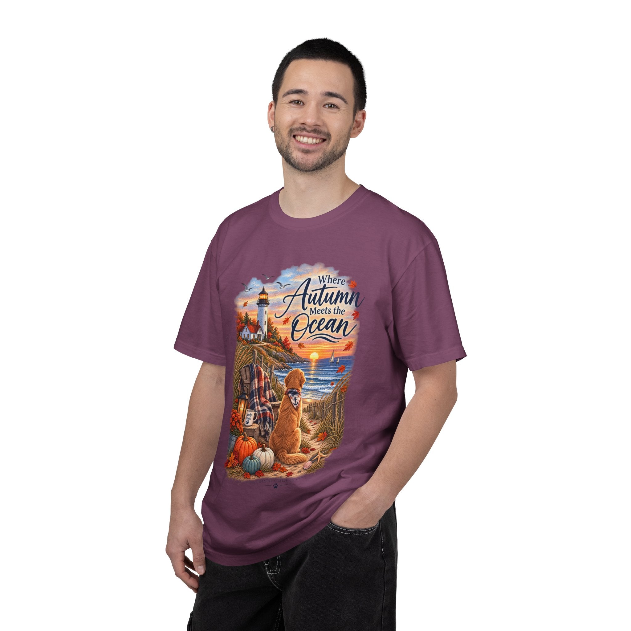 Autumn Meets the Ocean T-Shirt — Cozy Coastal Fall Tee with Golden Retriever