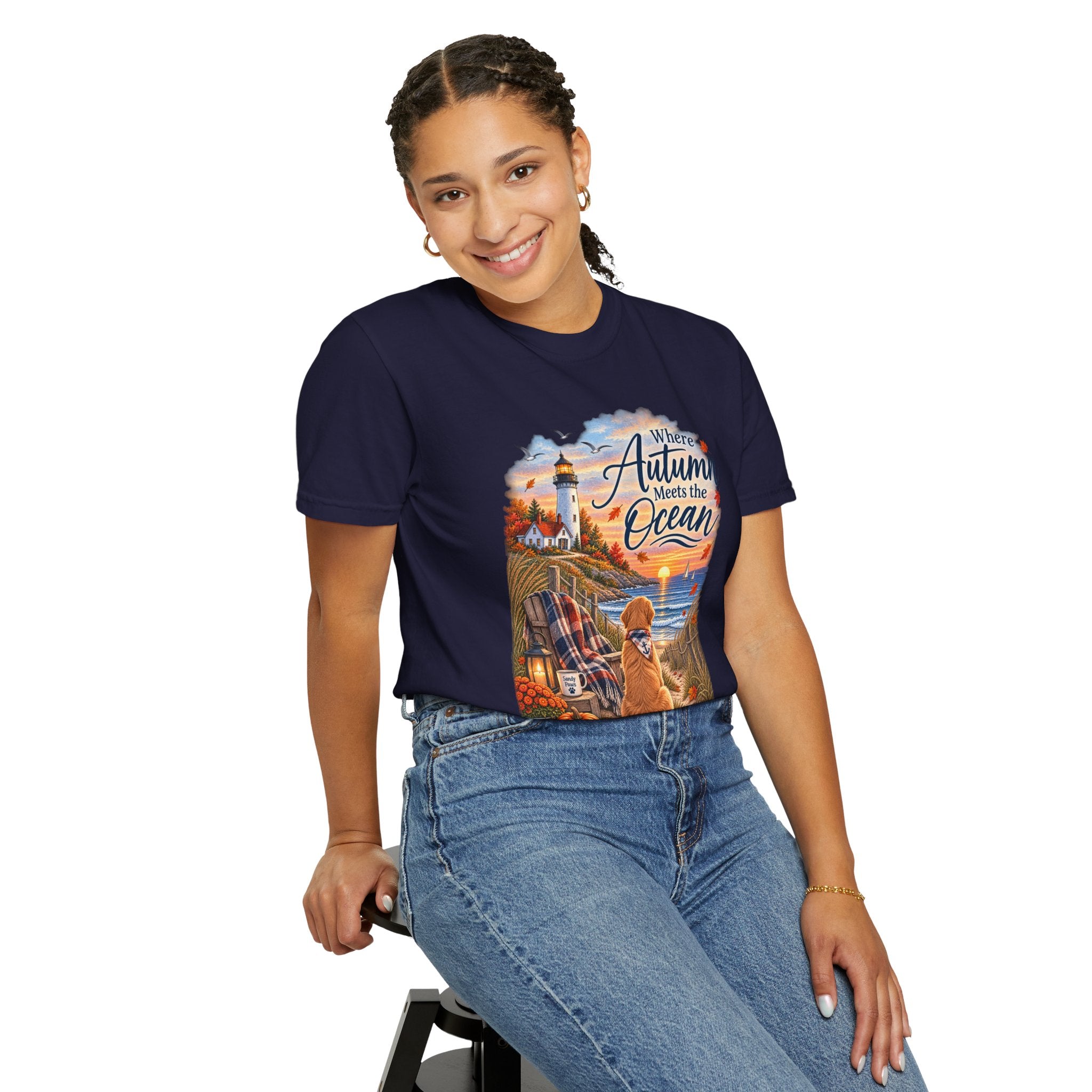 Autumn Meets the Ocean T-Shirt — Cozy Coastal Fall Tee with Golden Retriever