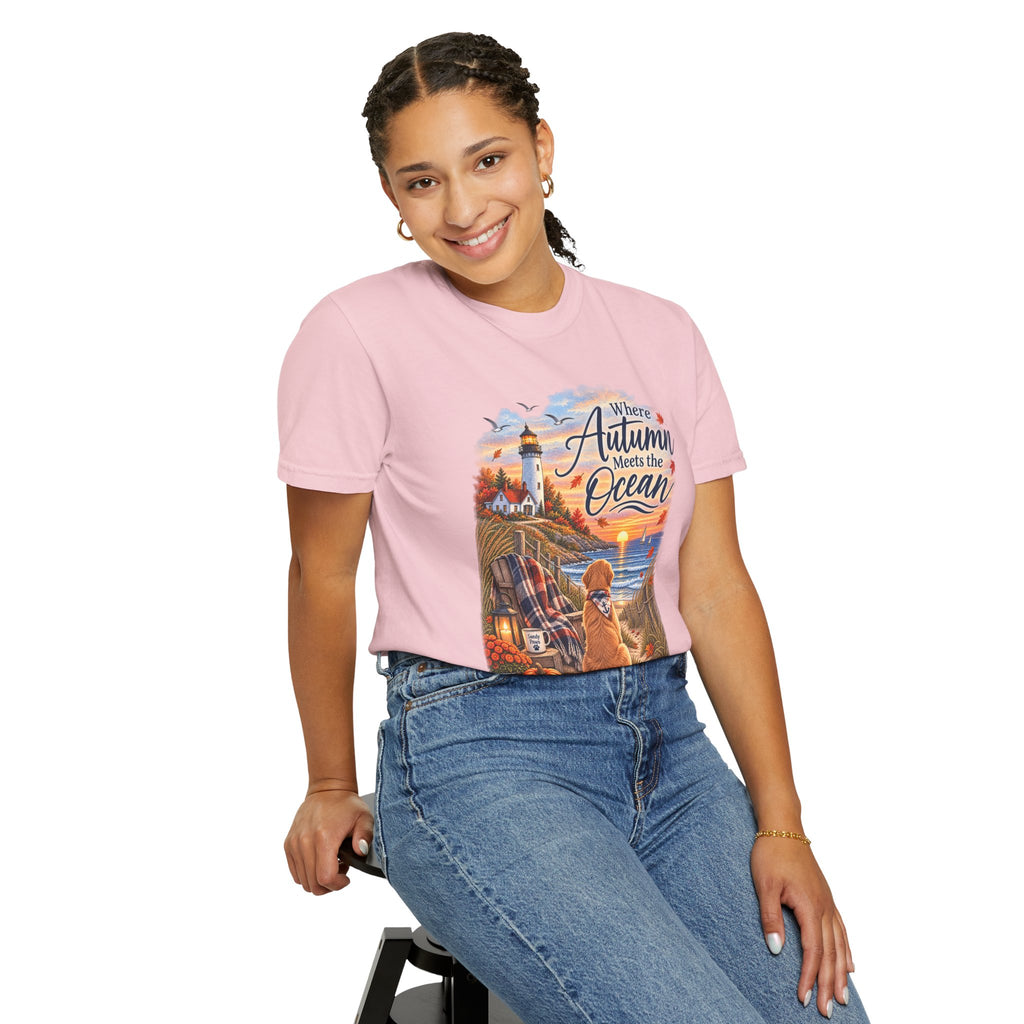 Autumn Meets the Ocean T-Shirt — Cozy Coastal Fall Tee with Golden Retriever
