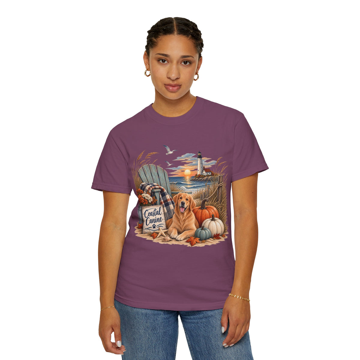 Coastal Canine Fall T-Shirt — Lighthouse, Labrador & Pumpkin Beach Tee