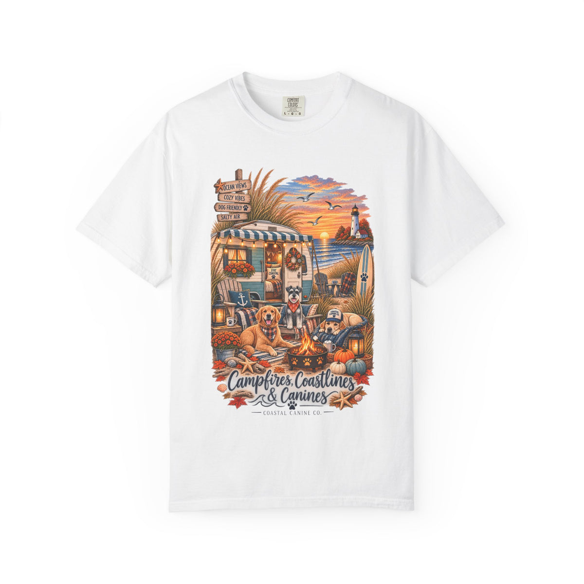 Campfires, Coastlines & Canines T-Shirt — Retro Camper Dog Camping Graphic Tee