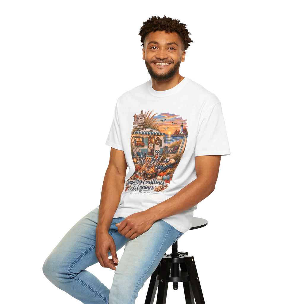 Campfires, Coastlines & Canines T-Shirt — Retro Camper Dog Camping Graphic Tee