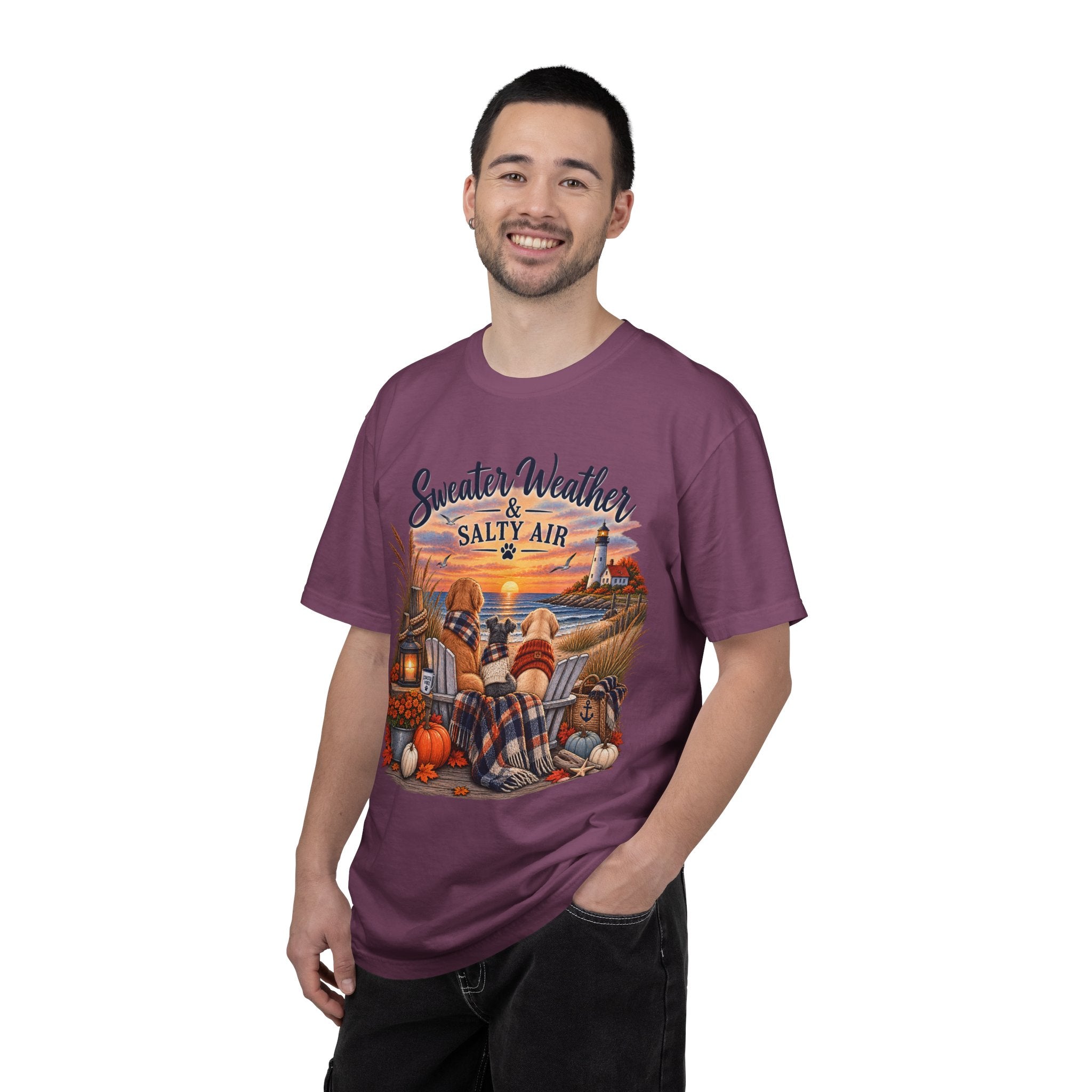 Sweater Weather & Salty Air T-Shirt — Autumn Beach Sunset Graphic Tee