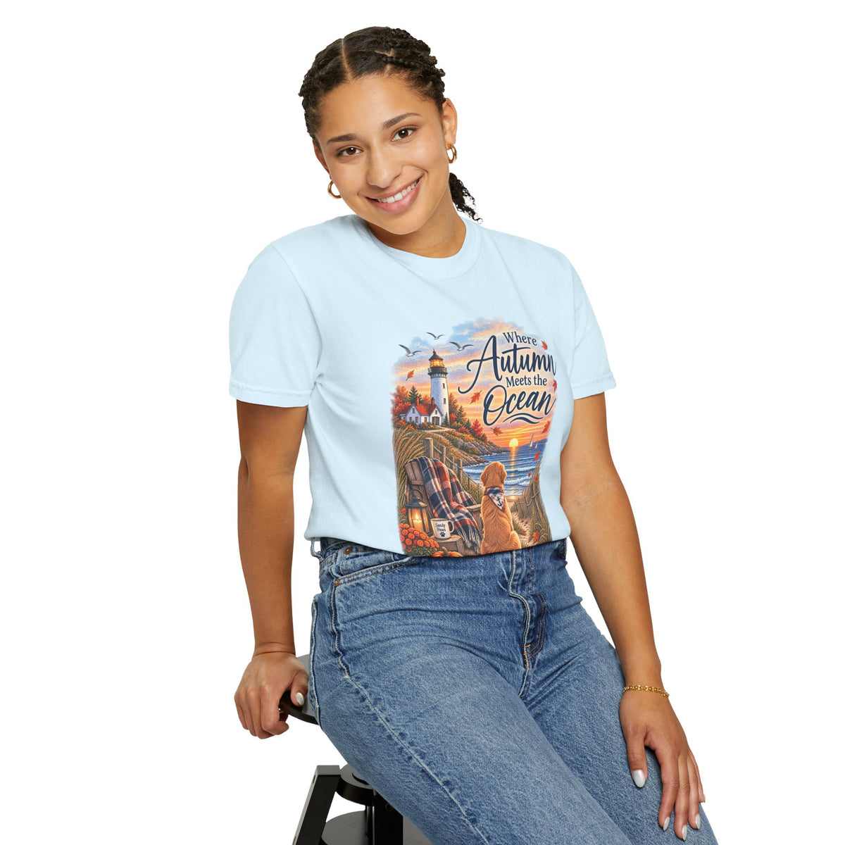 Autumn Meets the Ocean T-Shirt — Cozy Coastal Fall Tee with Golden Retriever