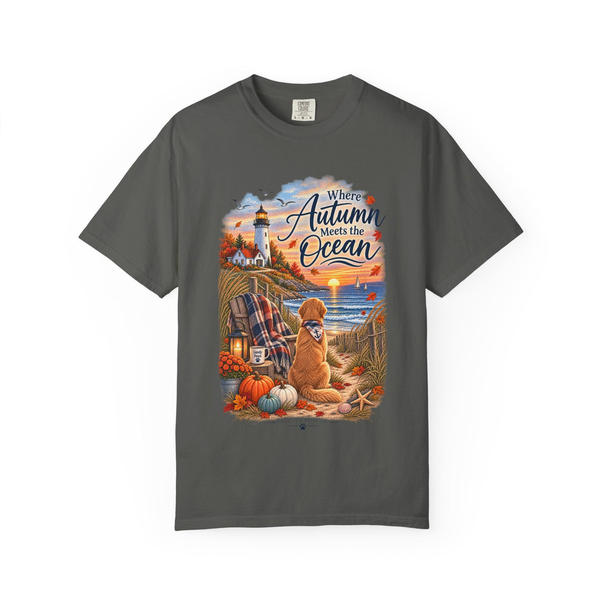 Autumn Meets the Ocean T-Shirt — Cozy Coastal Fall Tee with Golden Retriever