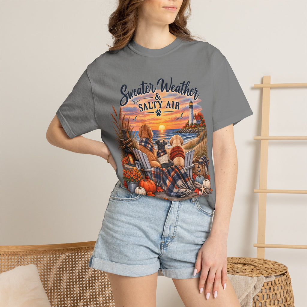 Sweater Weather & Salty Air T-Shirt — Autumn Beach Sunset Graphic Tee