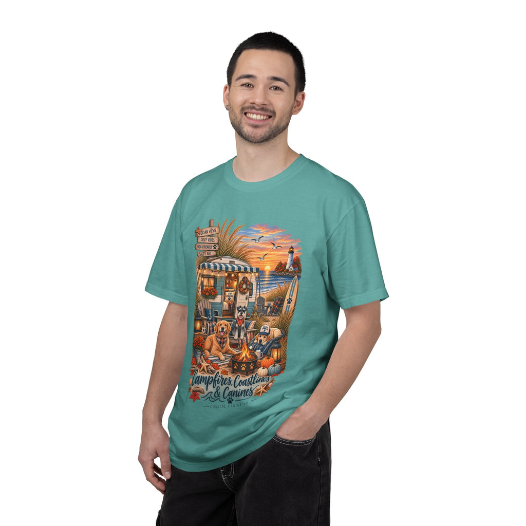 Campfires, Coastlines & Canines T-Shirt — Retro Camper Dog Camping Graphic Tee