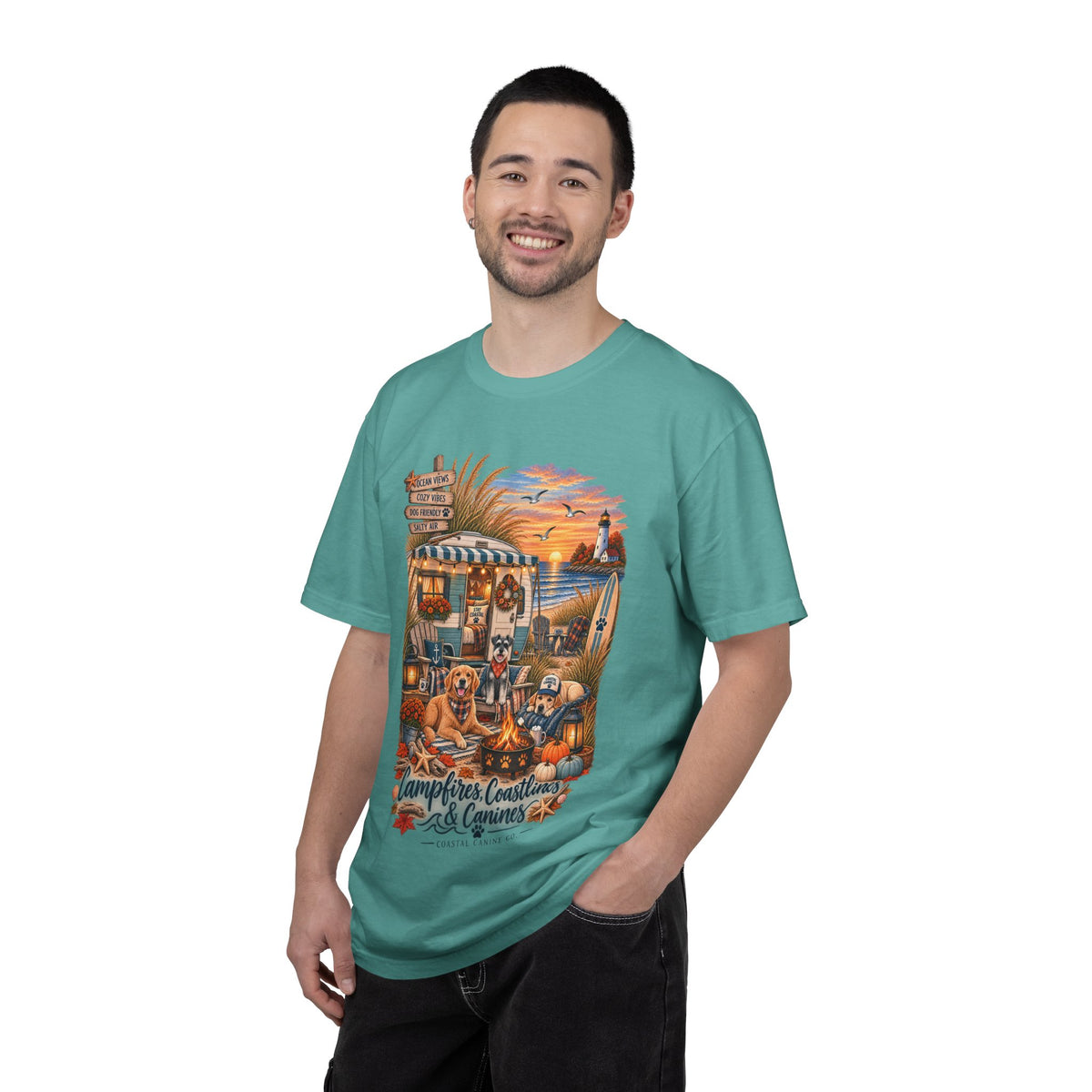 Campfires, Coastlines & Canines T-Shirt — Retro Camper Dog Camping Graphic Tee