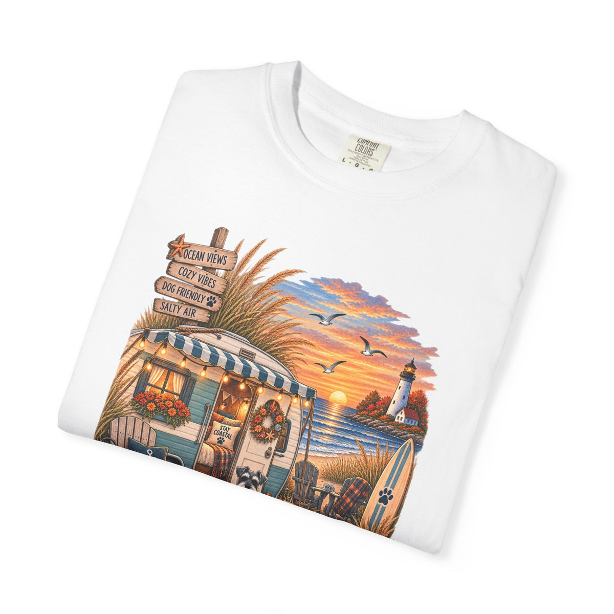 Campfires, Coastlines & Canines T-Shirt — Retro Camper Dog Camping Graphic Tee
