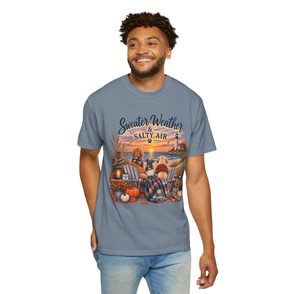 Sweater Weather & Salty Air T-Shirt — Autumn Beach Sunset Graphic Tee