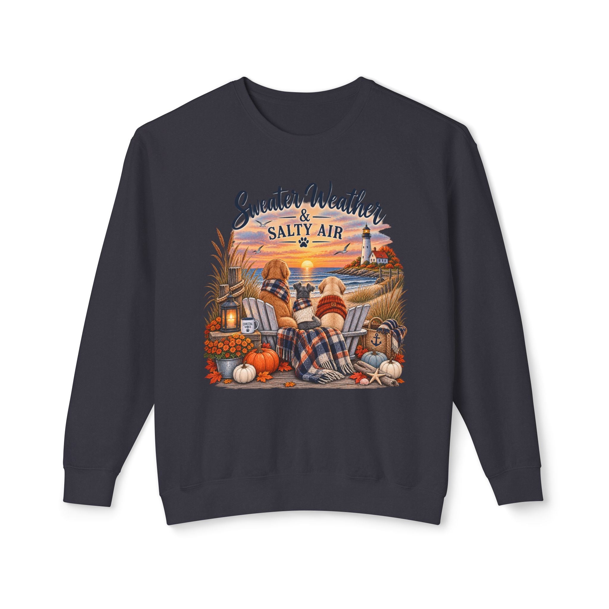 Sweater Weather & Salty Air Crewneck Sweatshirt — Coastal Fall Sunset Design