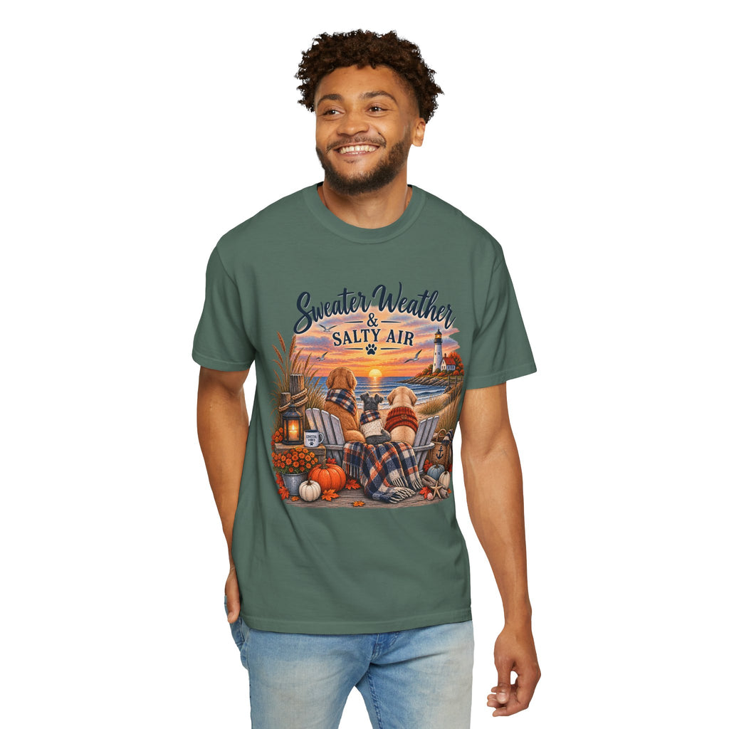 Sweater Weather & Salty Air T-Shirt — Autumn Beach Sunset Graphic Tee