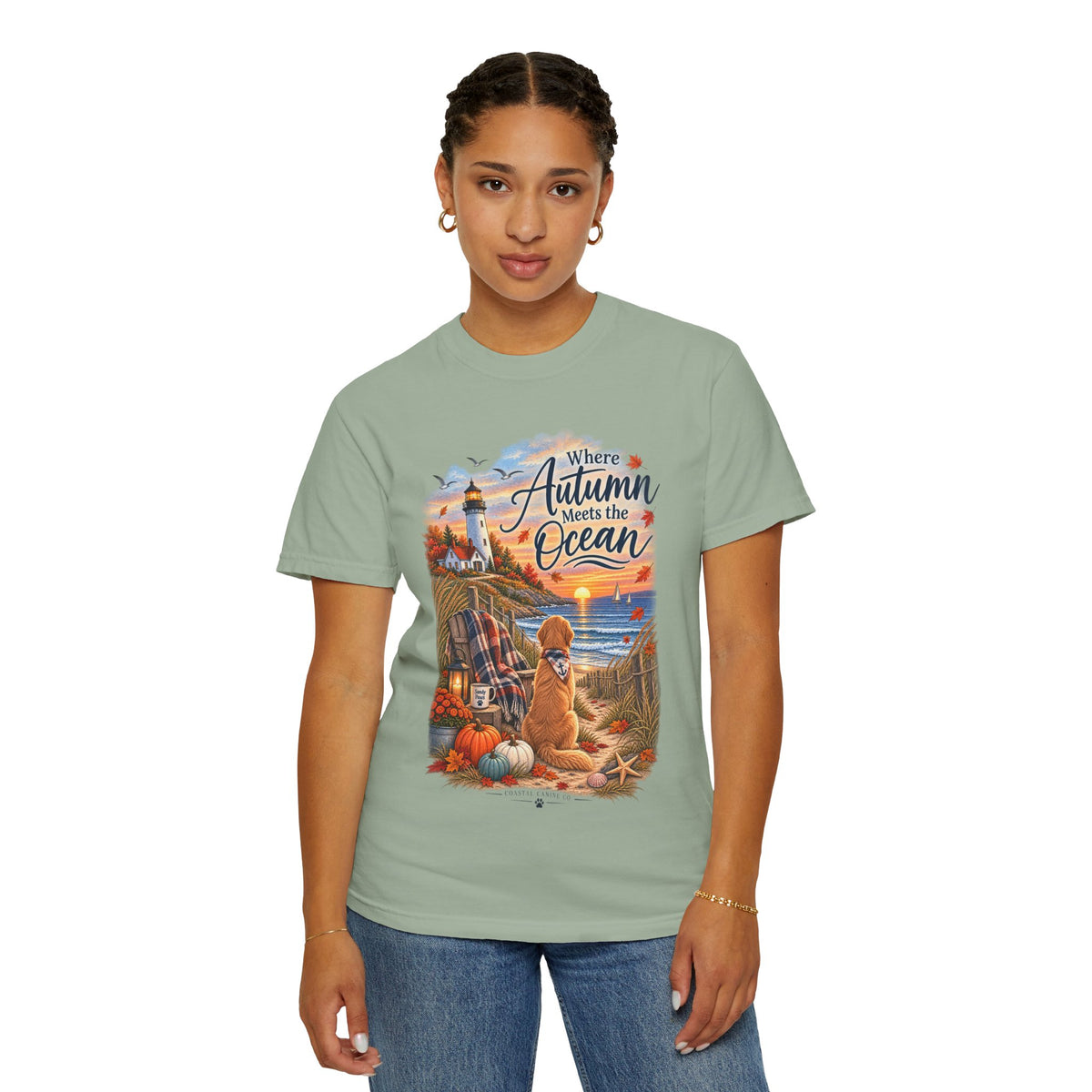 Autumn Meets the Ocean T-Shirt — Cozy Coastal Fall Tee with Golden Retriever