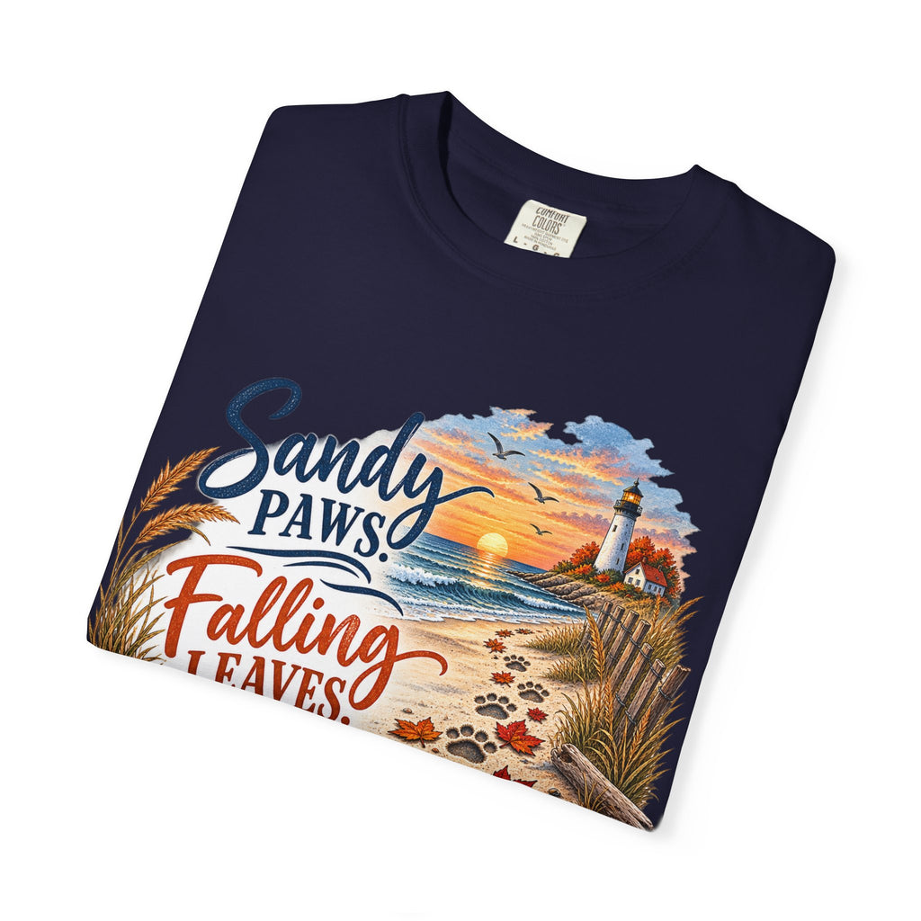 Sandy Paws Falling Leaves Beach T-Shirt — Autumn Coastal Dog Lover Tee