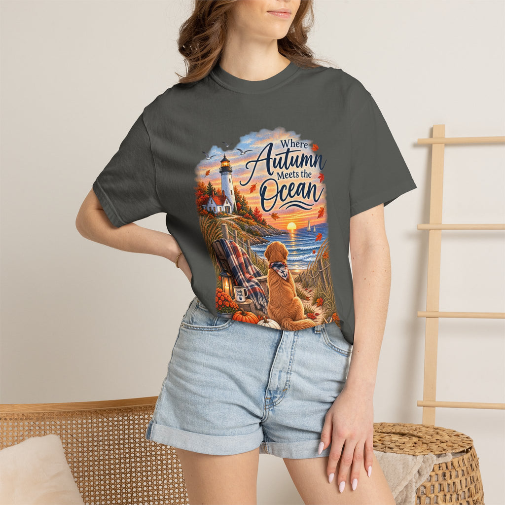 Autumn Meets the Ocean T-Shirt — Cozy Coastal Fall Tee with Golden Retriever