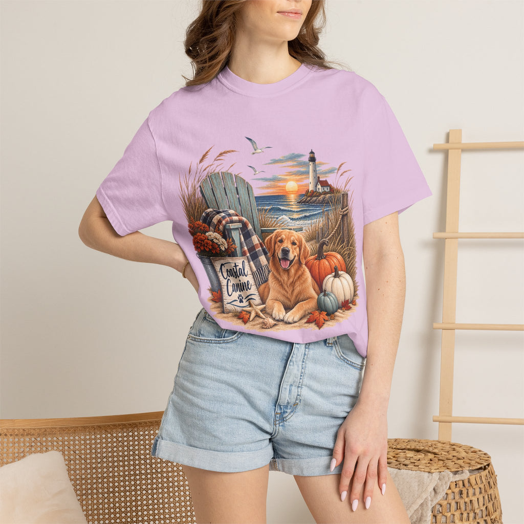 Coastal Canine Fall T-Shirt — Lighthouse, Labrador & Pumpkin Beach Tee
