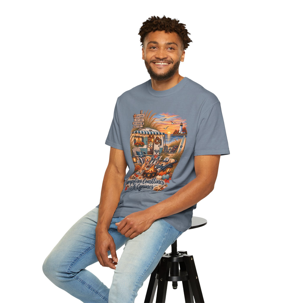 Campfires, Coastlines & Canines T-Shirt — Retro Camper Dog Camping Graphic Tee