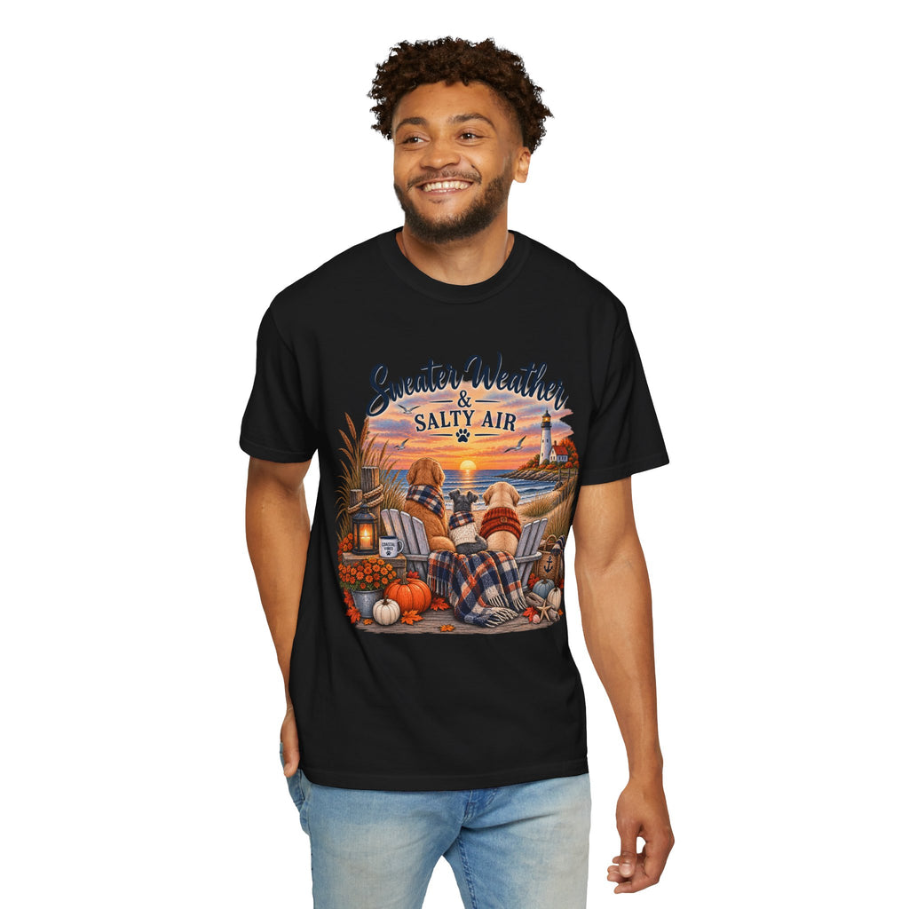 Sweater Weather & Salty Air T-Shirt — Autumn Beach Sunset Graphic Tee