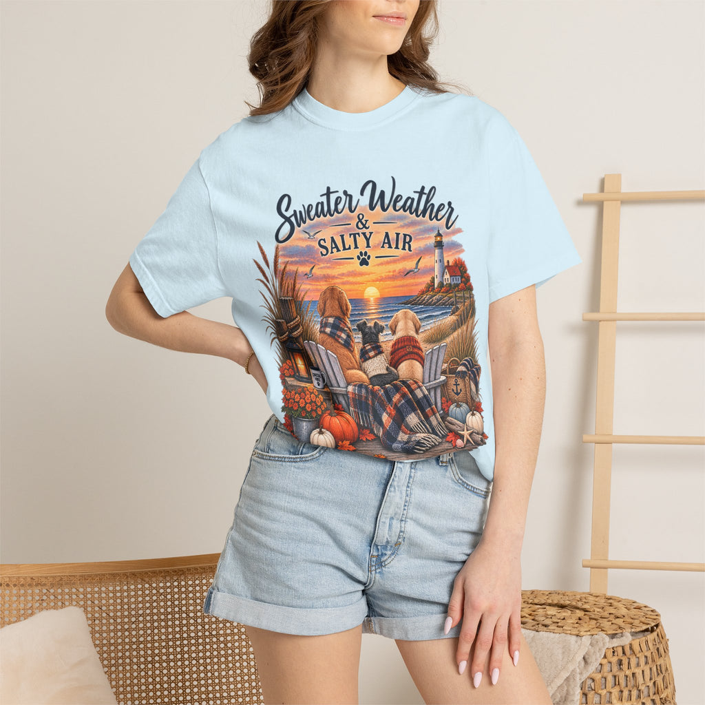 Sweater Weather & Salty Air T-Shirt — Autumn Beach Sunset Graphic Tee